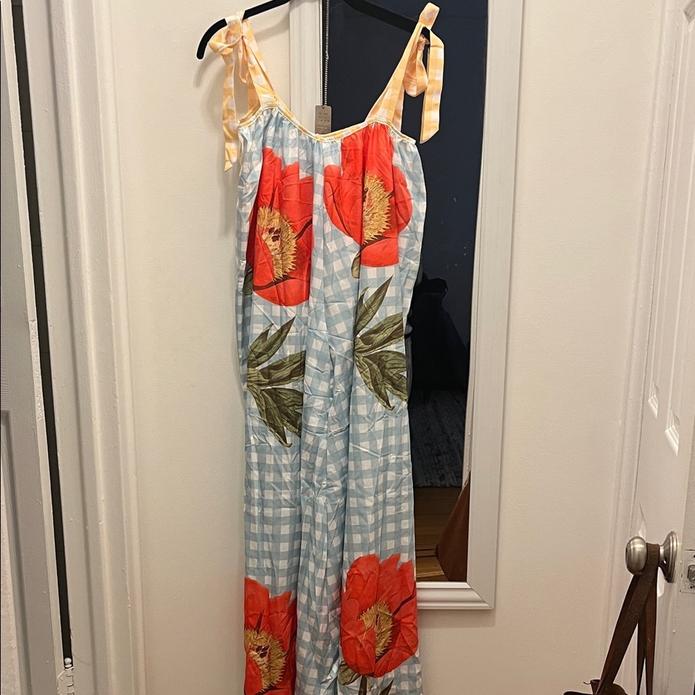 Floral Gingham Jumpsuit with Red and Blue
